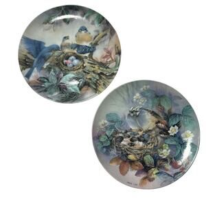 Pair of Lenia Liu Porcelain Plates Tender Lullaby Song of Promise Baby Birds